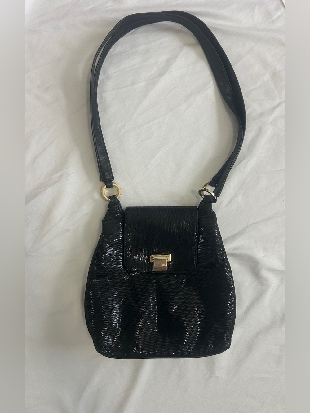 Paris Handbags Black Textured Leather Shoulder Bag Y2K Vintage Metallic Finish⁠